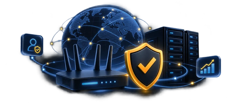Globe wrapped in network paths with a router, server rack and security shield in front of it